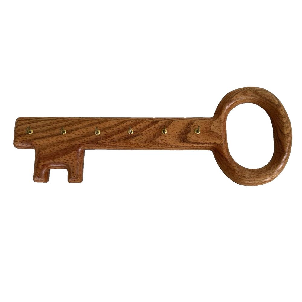 Solid Oak Wood Key Shaped Key Holder 6 Hooks 17.5" Kitsch Horizontal Mounted